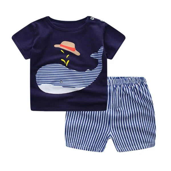 Cotton cartoon T-shirt and pants set for infants, available in various playful designs and sizes from 73cm to 110cm