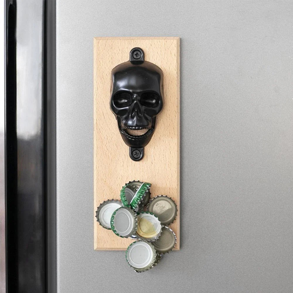 A skeleton-shaped bottle opener made of zinc alloy and solid wood, designed in New Zealand for easy wall-mounting and durable performance.