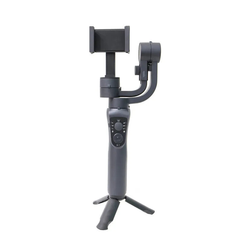 Black three-axis handheld gimbal stabilizer for mobile phones showing dimensions and construction