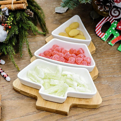 4-piece set of Christmas tree-themed ceramic plates in white and pink colors, perfect for holiday dining and entertaining