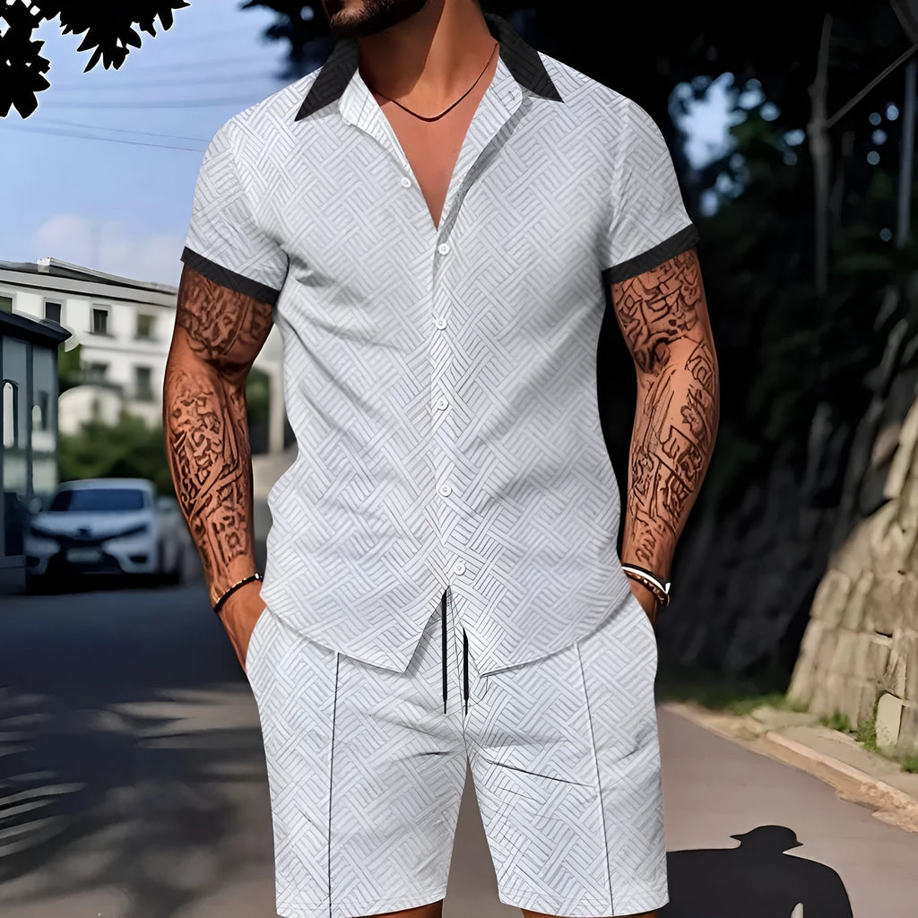 Men's digital print casual short sleeve suit set with matching shorts in beige colour