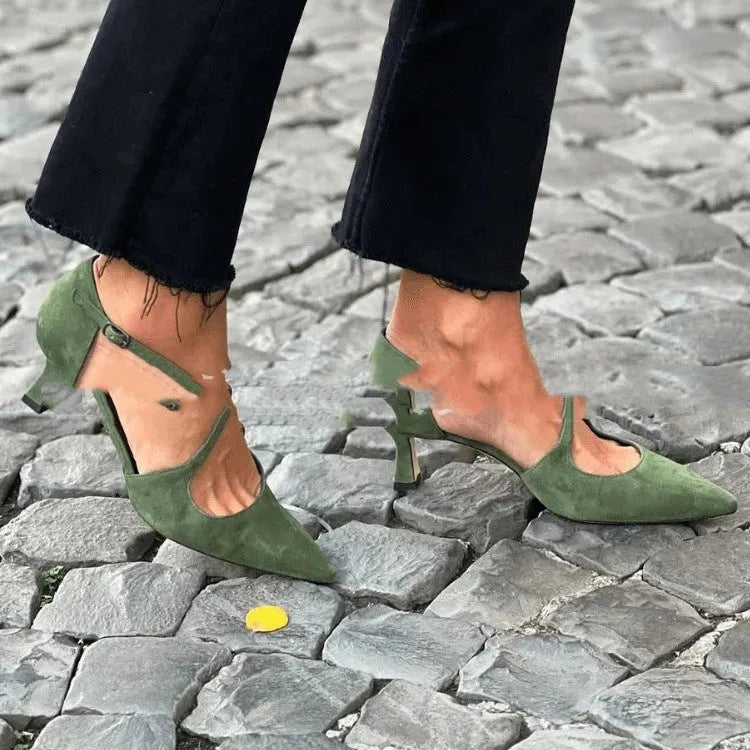 Plus size suede pointed toe high heel sandals with cross buckle strap in green colour