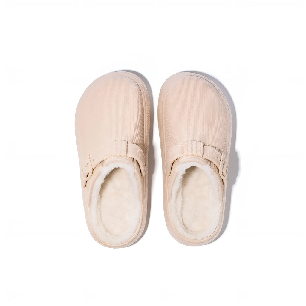 Beige indoor women's cotton slippers on floor, round head, EVA sole, half-pack heel