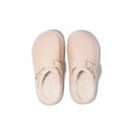 Beige indoor women's cotton slippers on floor, round head, EVA sole, half-pack heel