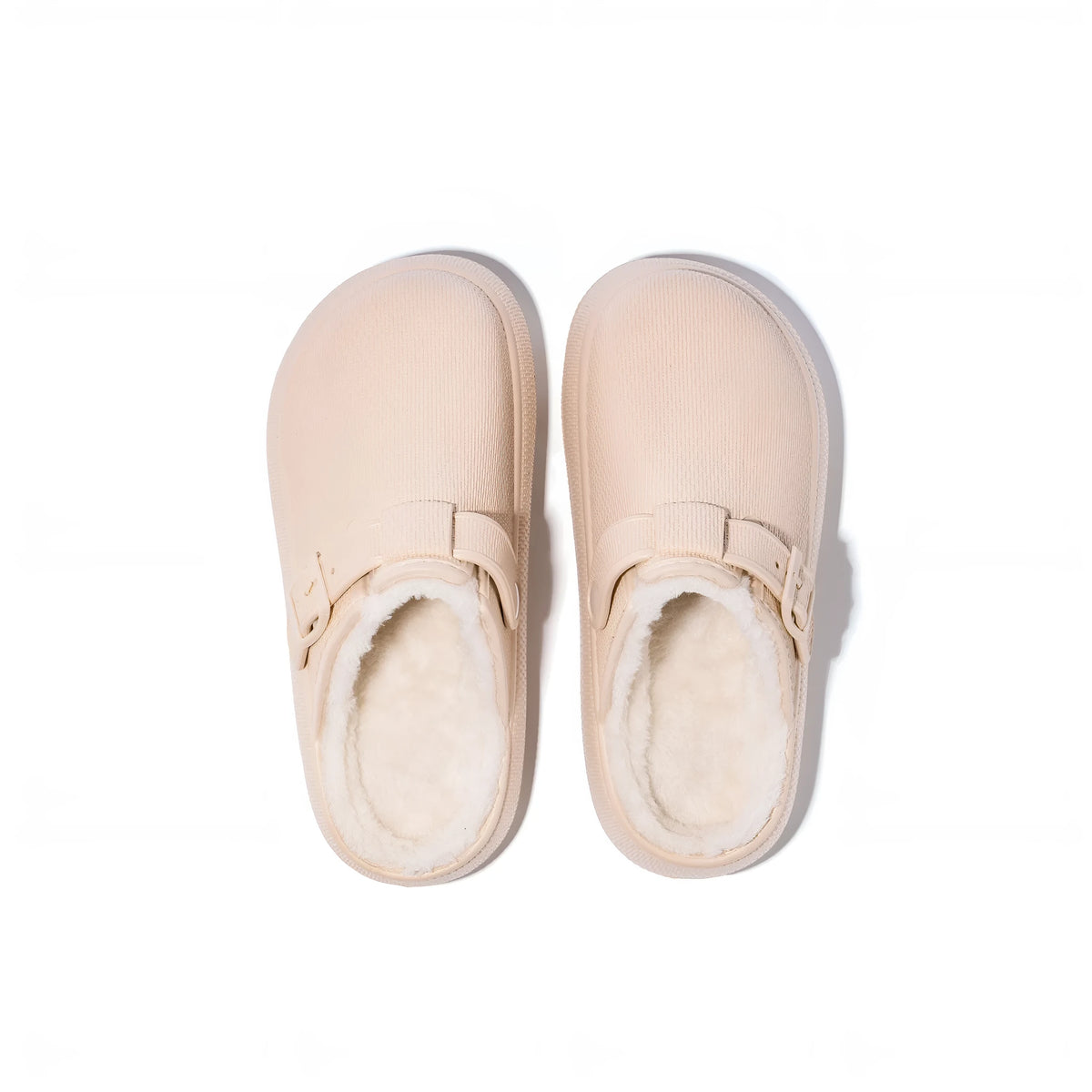 Beige indoor women's cotton slippers on floor, round head, EVA sole, half-pack heel