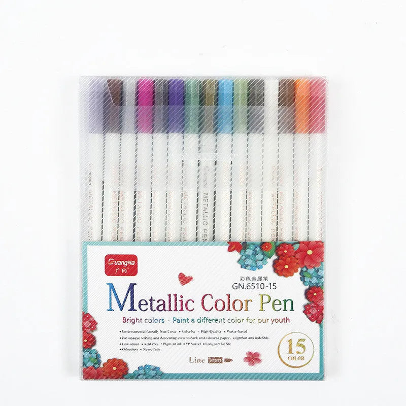 Black card album containing a set of coloured triangular-grip metal pens