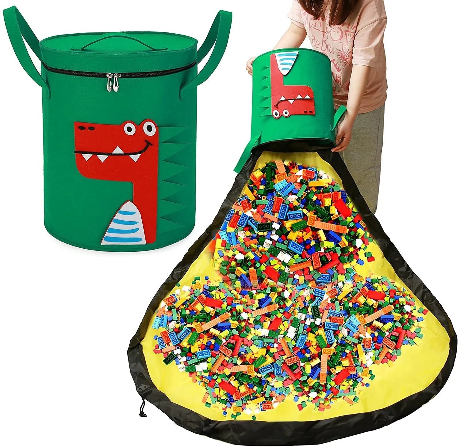 Green felt cube storage bag with pull rope, laid flat as a play mat and gathered into a bag.
