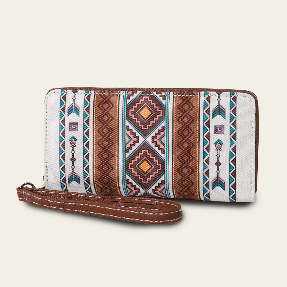 Bohemian striped canvas RFID wallet showing anti-theft function and 20x10x2cm dimensions