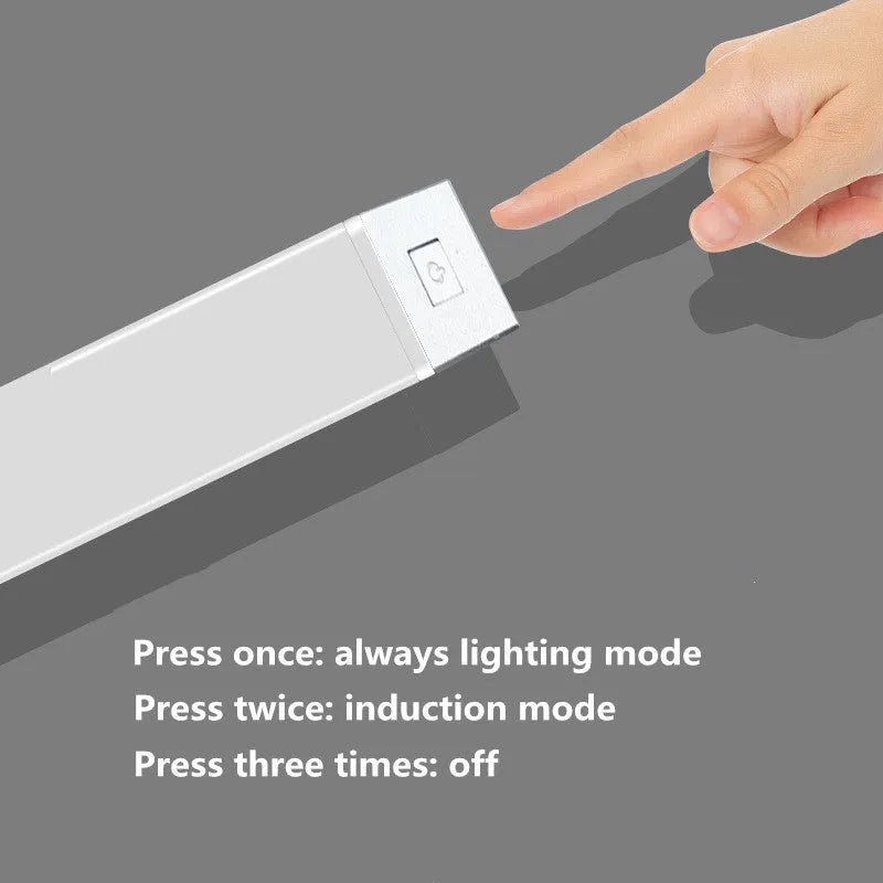 Aluminium magnetic LED closet light with motion sensor on a wardrobe shelf.