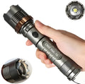 CREE T6 LED rechargeable flashlight with adjustable focus, grey aluminium body, and crenellated bezel