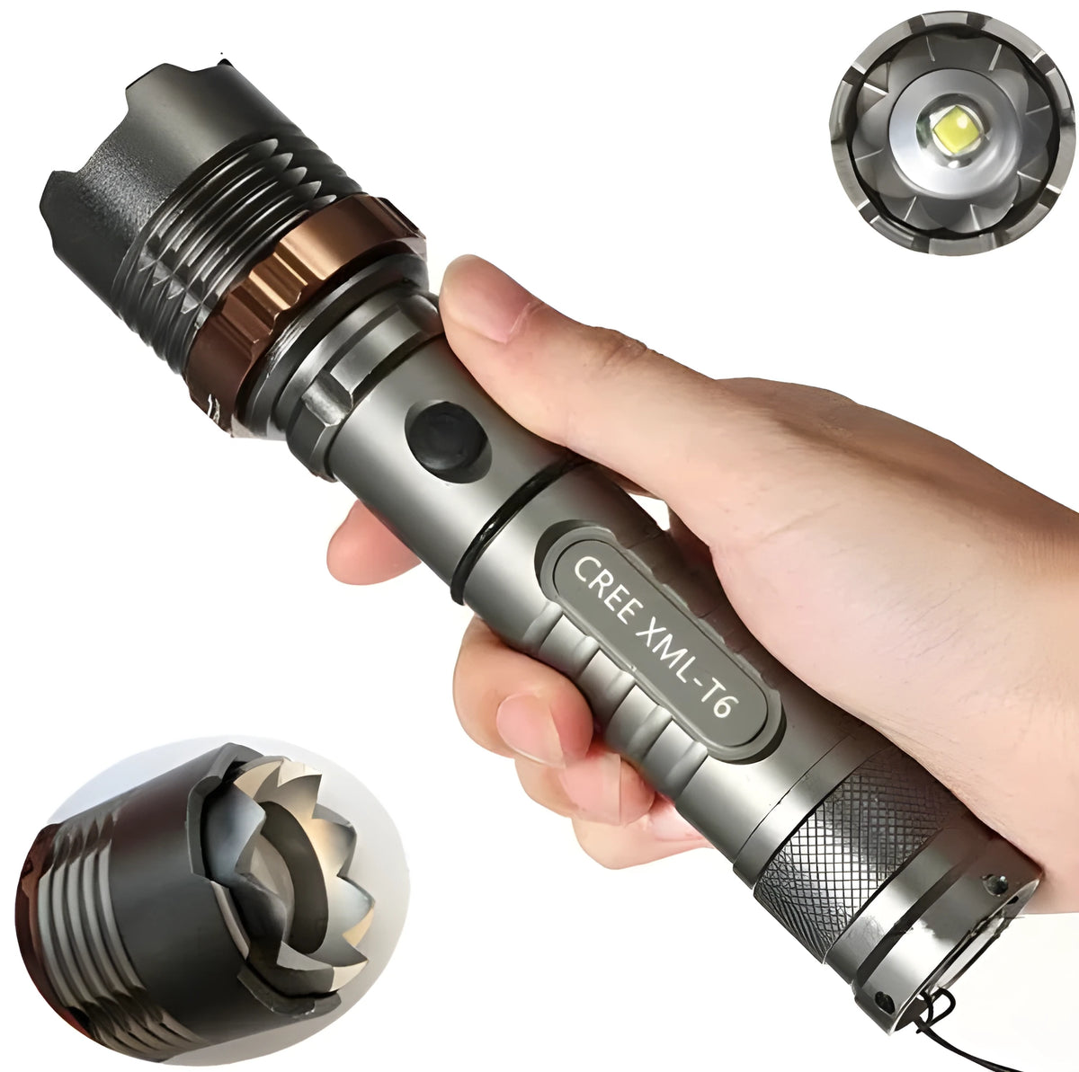CREE T6 LED rechargeable flashlight with adjustable focus, grey aluminium body, and crenellated bezel