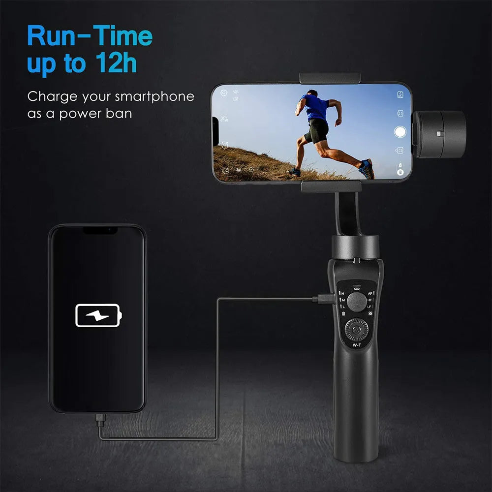 Black three-axis handheld gimbal stabilizer for mobile phones showing dimensions and construction