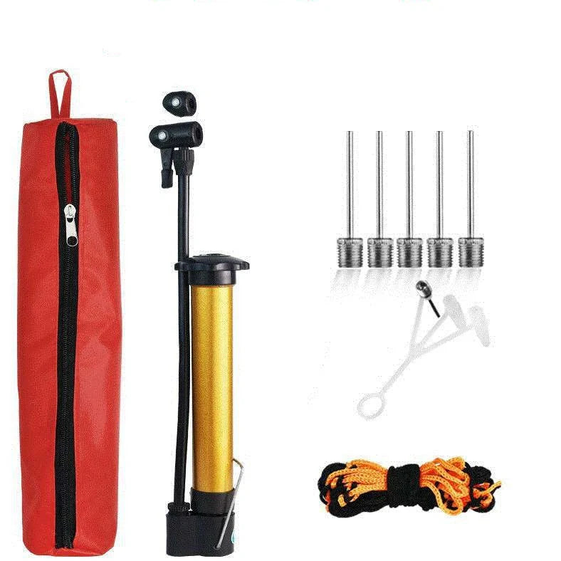 Dual-action basketball pump with storage net containing five ball needles for sports equipment maintenance