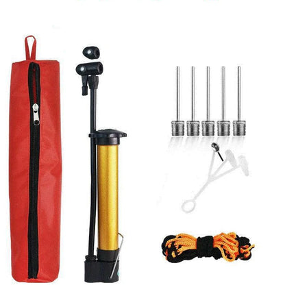 Dual-action basketball pump with storage net containing five ball needles for sports equipment maintenance