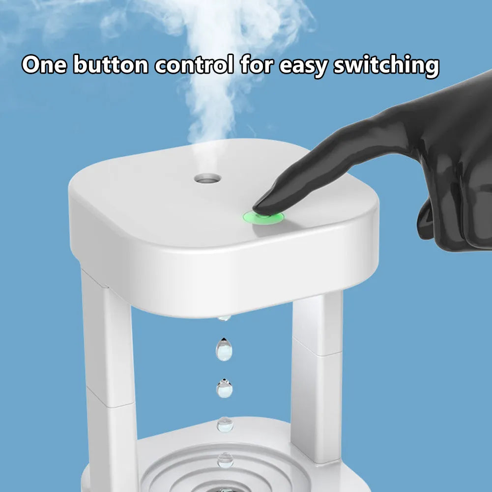 White anti-gravity water drop humidifier with coloured lights and USB cable