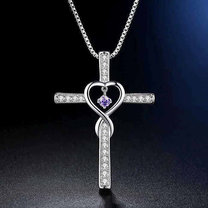 Christian Cross Birthstone Pendant Necklace with Zircon Heart in gold-plated finish