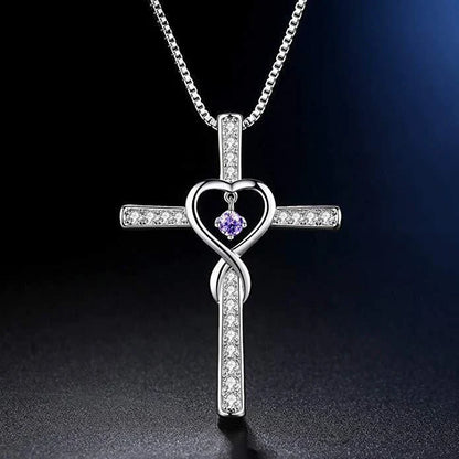 Christian Cross Birthstone Pendant Necklace with Zircon Heart in gold-plated finish