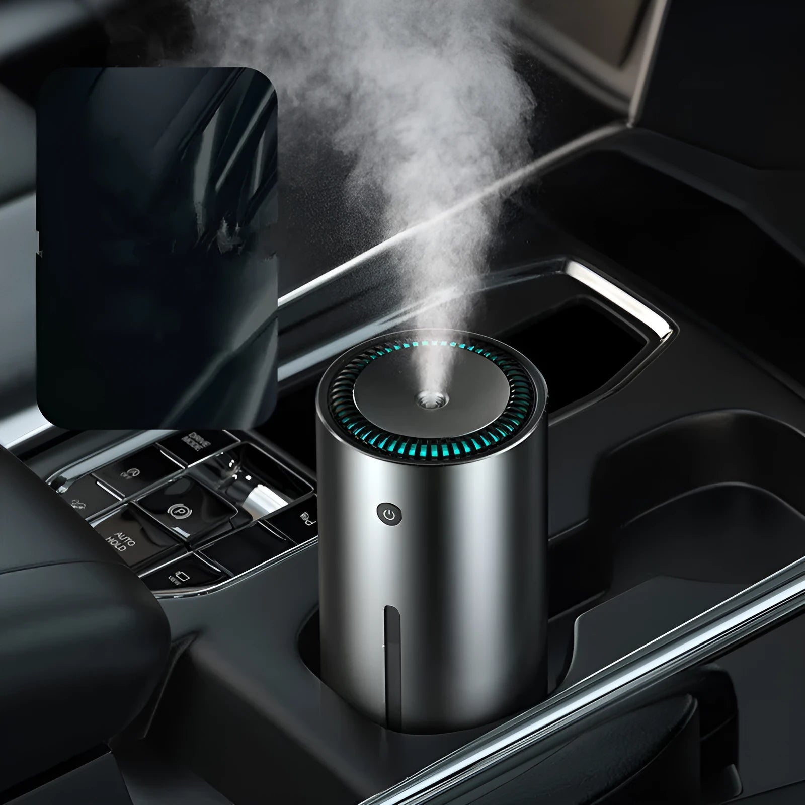 Black or dark grey 12V car diffuser and humidifier with aluminium alloy body for air purification.