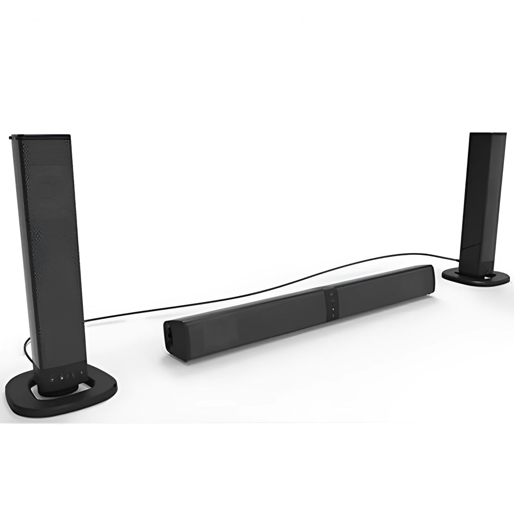 Black foldable split Bluetooth speaker showing dual speaker units with dimensions 490mm x 50mm x 50mm