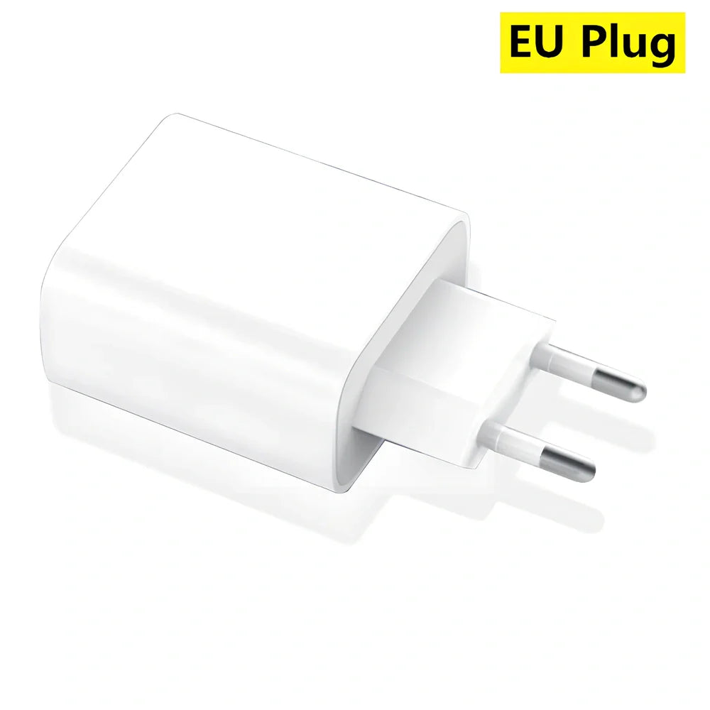 Compact 20W PD charger in UK plug variant, 63x40x22mm size, for fast smartphone charging with safety features
