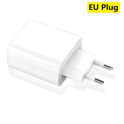 Compact 20W PD charger in UK plug variant, 63x40x22mm size, for fast smartphone charging with safety features