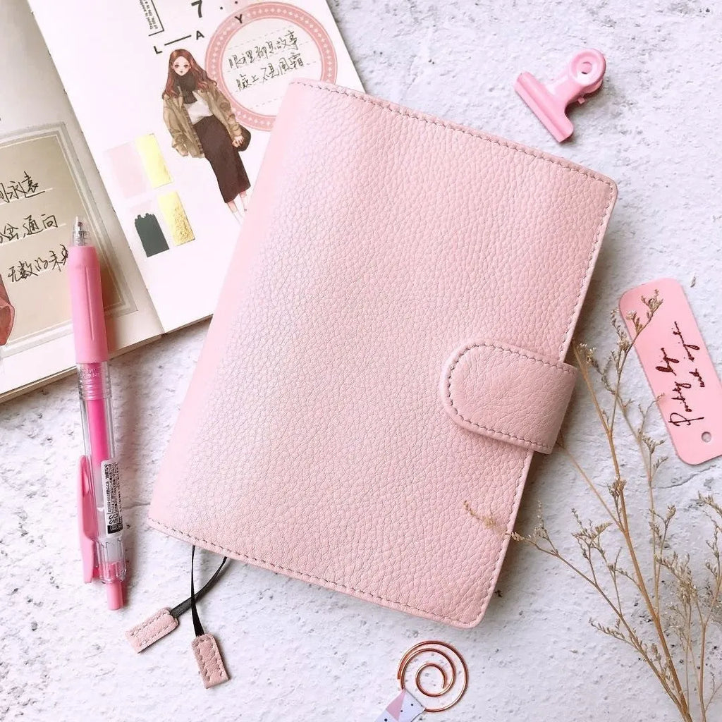A6 leather notebook with Lychee pattern cowhide cover in off white, pink, or white colour options