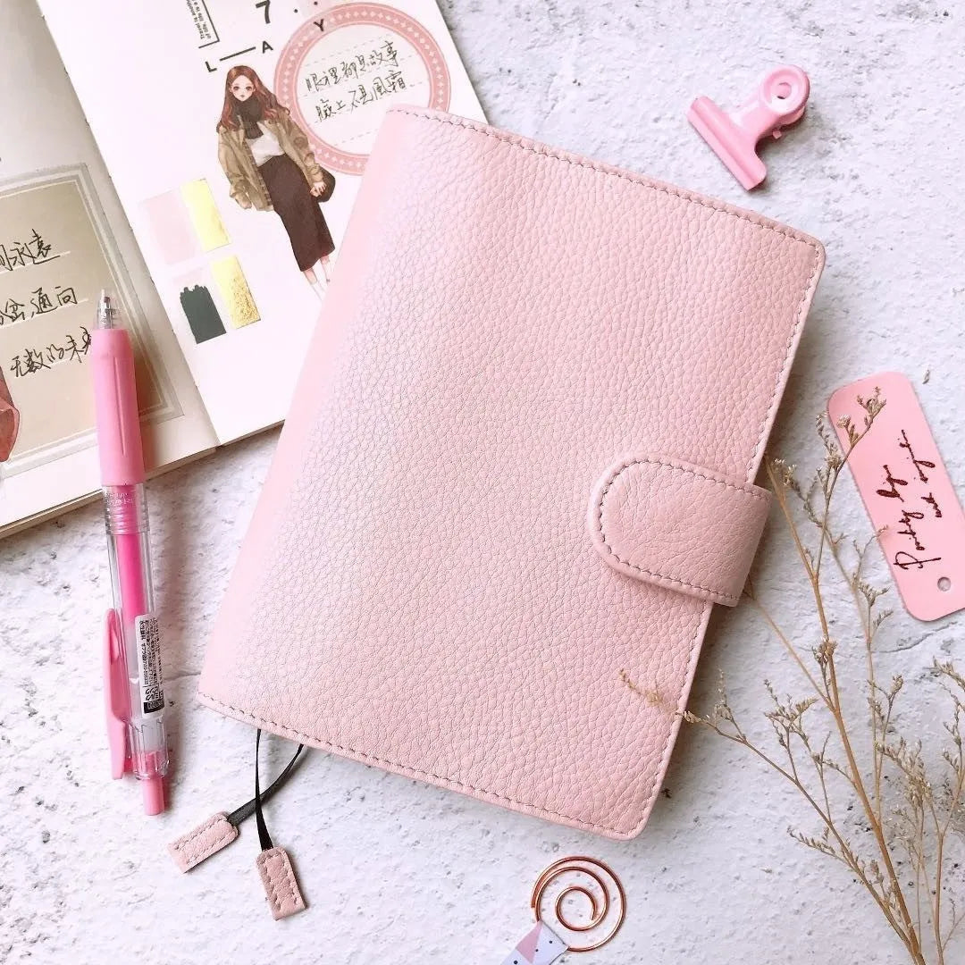 A6 leather notebook with Lychee pattern cowhide cover in off white, pink, or white colour options
