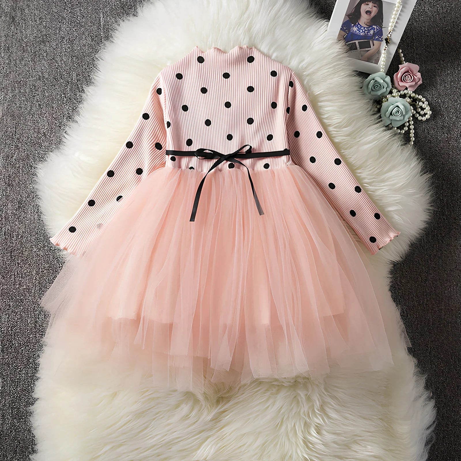 Baby girls long sleeve tutu lace dress in black, pink or white for ages 3-8 years