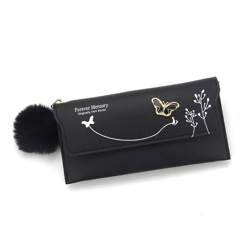 Ladies PU leather long hair ball bow purse with magnetic buckle in various colours