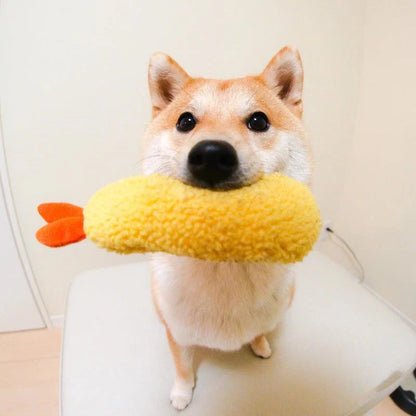 Fried Shrimp Tempura Dog Chew Toy with squeaker in yellow