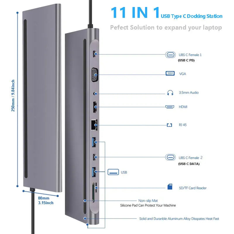 11-in-1 laptop expansion dock in photo colour with multiple ports and USB 3.0