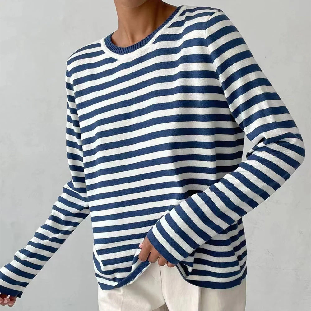 Women's knitted striped long sleeve sweater in various colours