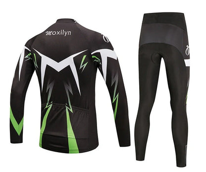 Winter cycling suit with fleece lining shown in green and red colour options with size measurements displayed