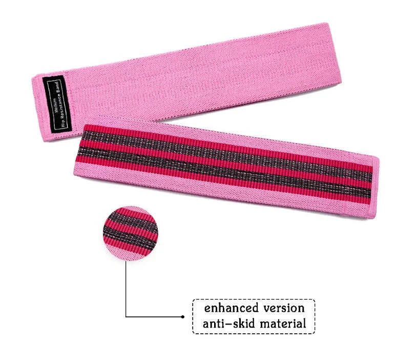 Latex mesh squat resistance band in lake blue, pink, and purple for hip and leg strengthening