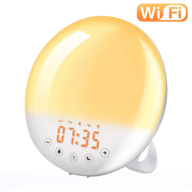 WiFi Voice Control Intelligent Alarm Clock with Sunrise Wake-up Light on bedside table
