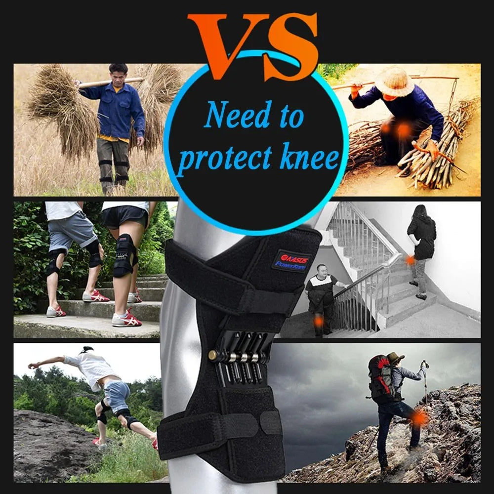Adjustable spring knee brace support for mountaineering and sports activities.