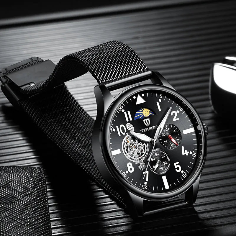 Black men's mechanical watch with moon phase display and luminous hands on alloy case