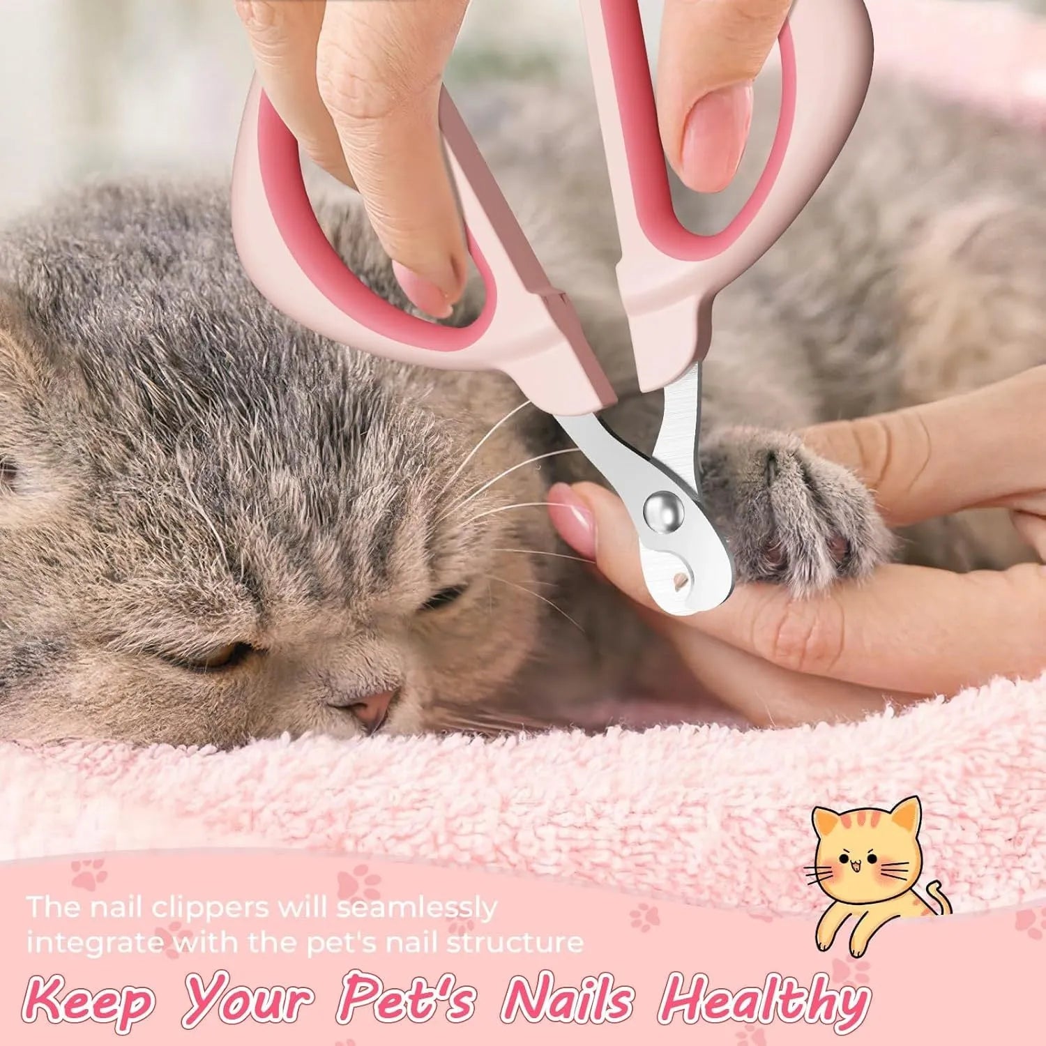 Blue cat nail clipper with a round positioning hole and non-slip handle for trimming pet nails