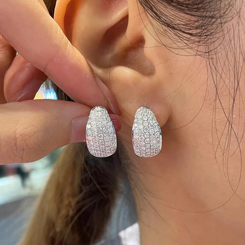 Women's geometric triangle ear clip with inlaid zircon on shiny copper base, white gold colour finish