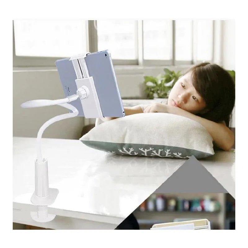 Flexible black mount holder with suction cup holding a tablet at an angle.