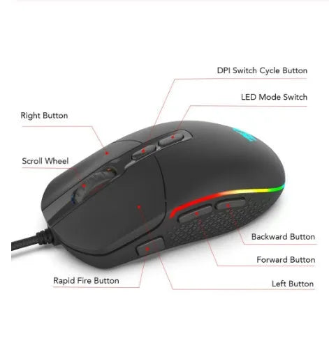 Black wired gaming mouse with nine buttons and four-way scroll wheel on a desk