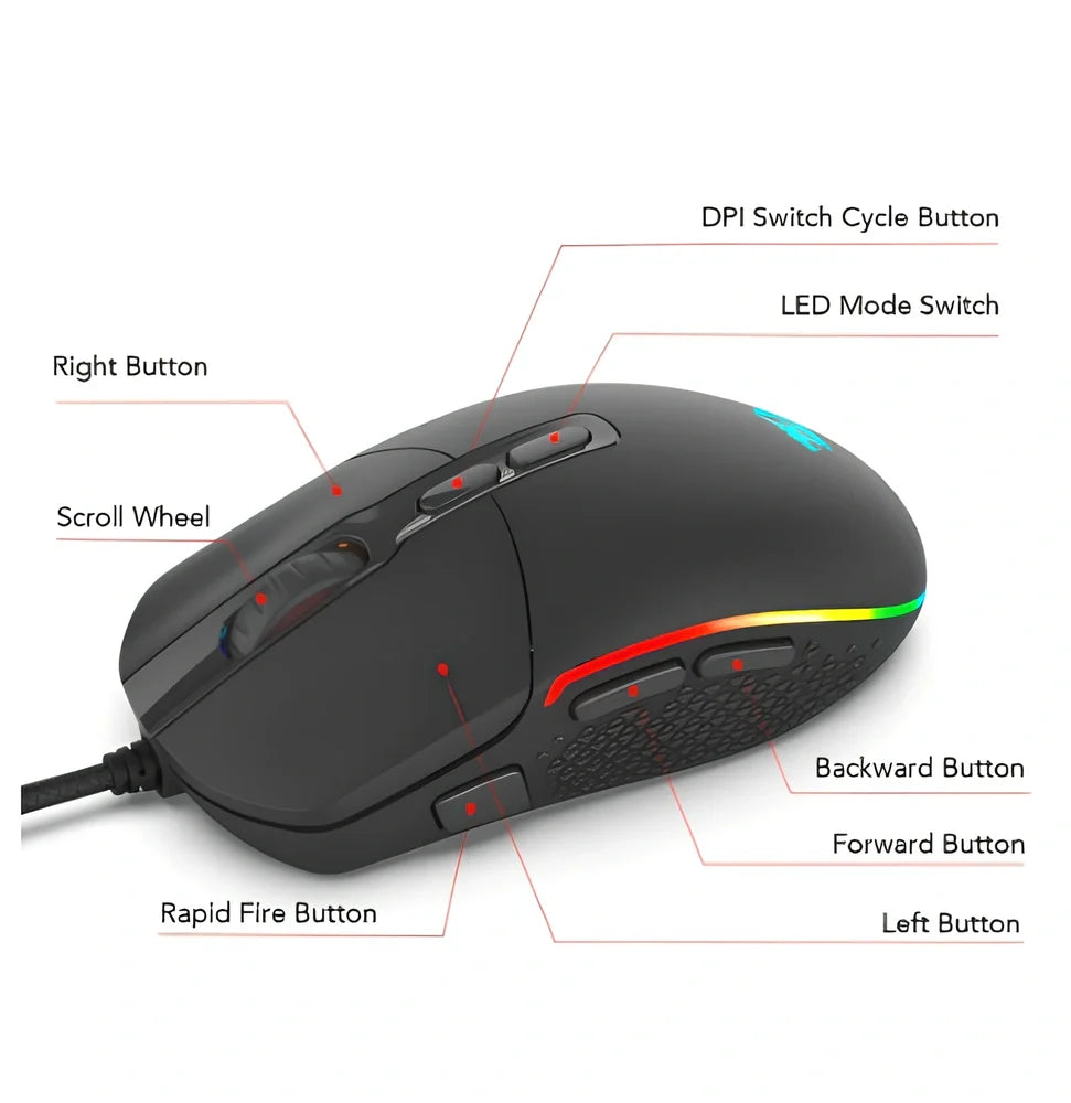 Black wired gaming mouse with 5000 DPI, 9 buttons, 1.8m USB cable, ergonomic for desktop use
