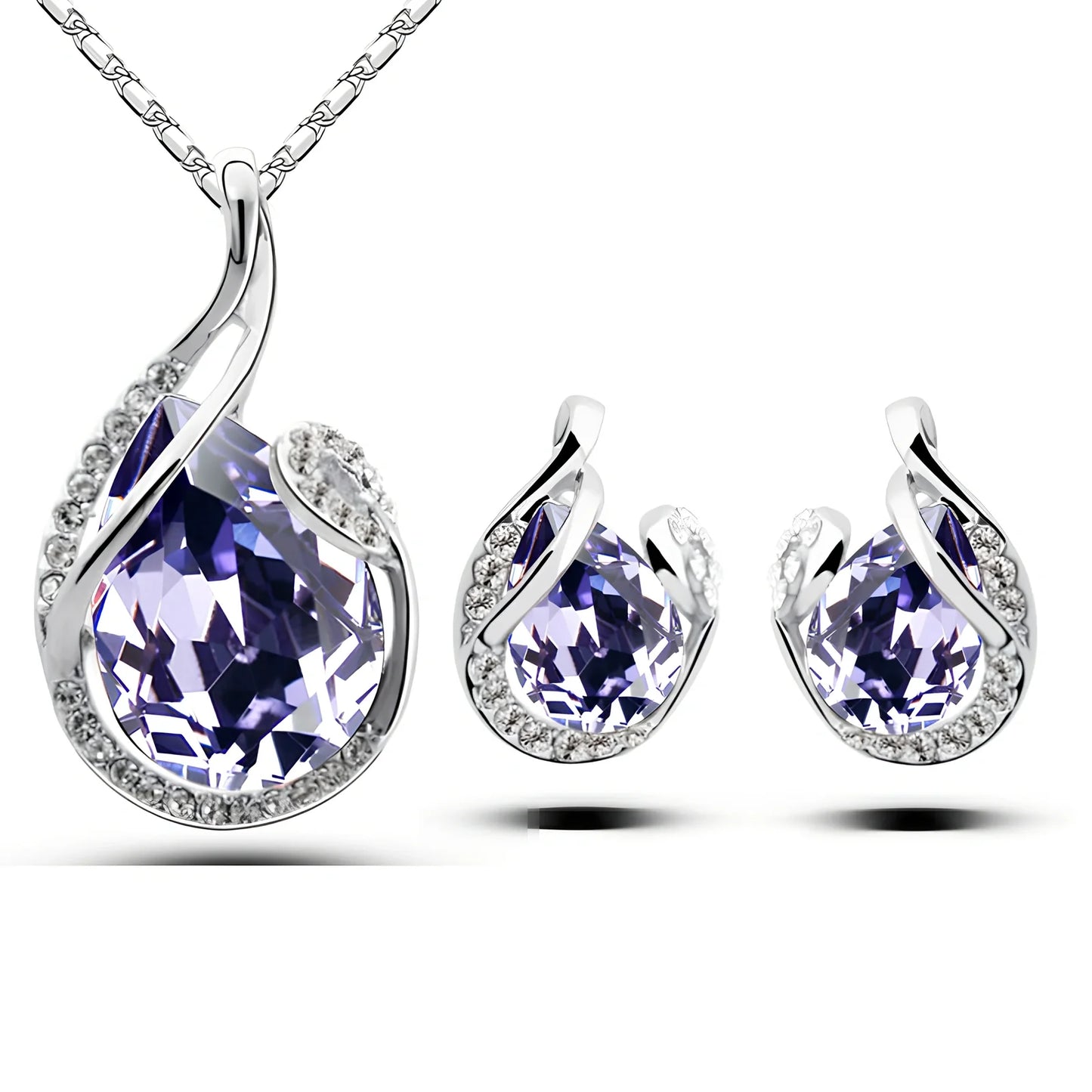 3-piece water-drop rhinestone necklace set with adjustable 21-50cm chain and matching stud earrings in blue, electroplated alloy for women's fashion