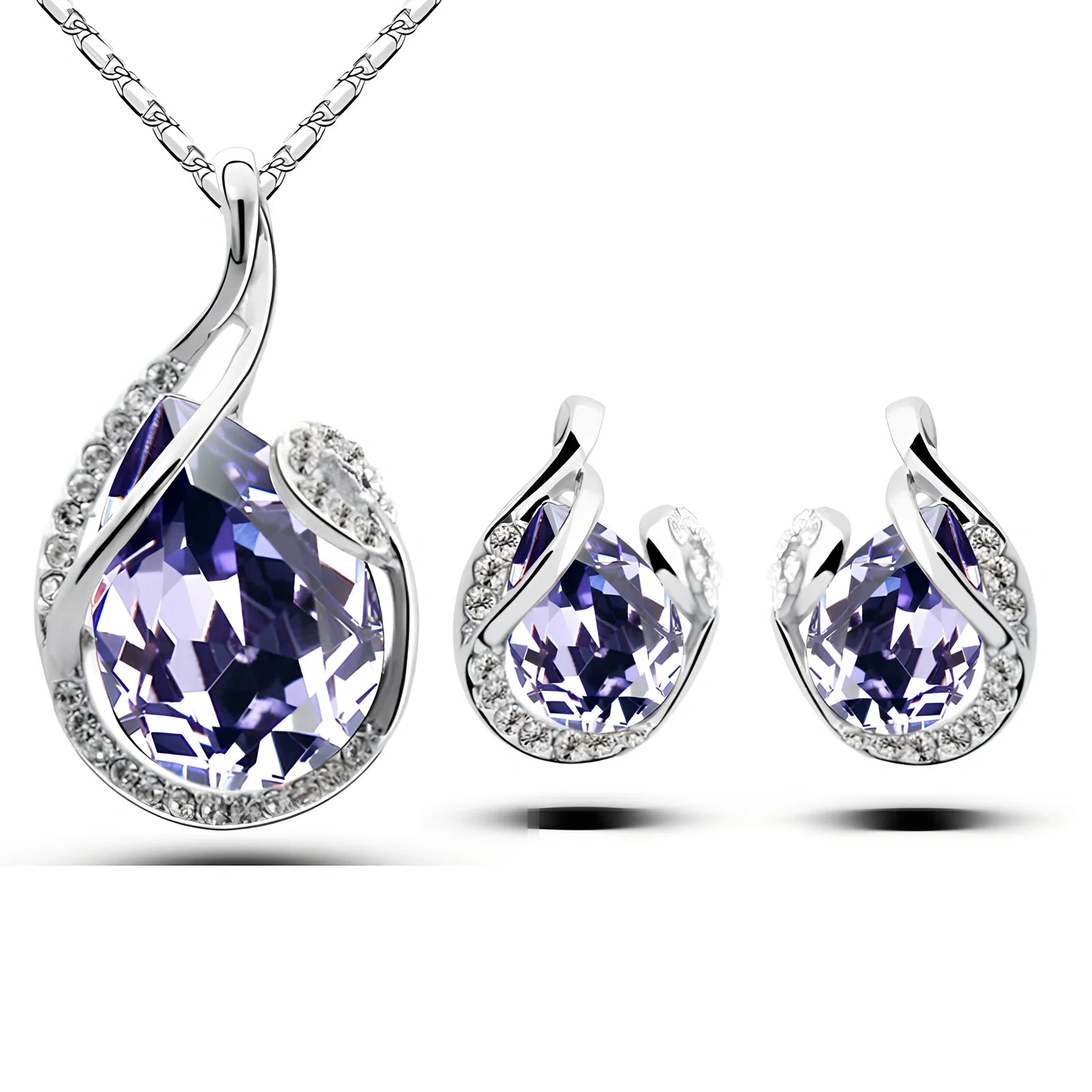 3-piece water-drop rhinestone necklace set with adjustable 21-50cm chain and matching stud earrings in blue, electroplated alloy for women's fashion