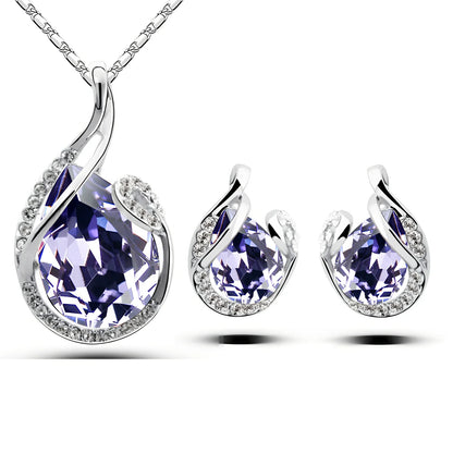 3-piece water-drop rhinestone necklace set with adjustable 21-50cm chain and matching stud earrings in blue, electroplated alloy for women's fashion