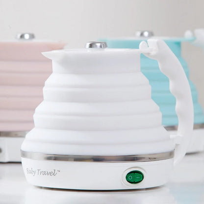 Foldable electric kettle in white, blue, and pink with UK, US, and EU plugs