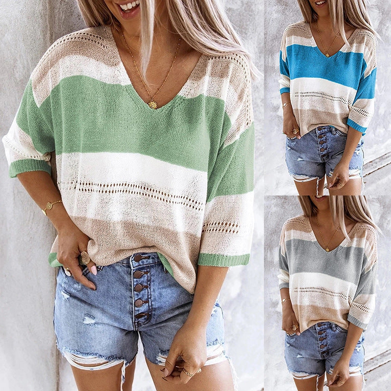 Women's Beach Knitted Top in grey, blue, and green, perfect for summer outings