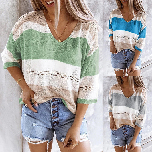 Women's Beach Knitted Top in grey, blue, and green, perfect for summer outings