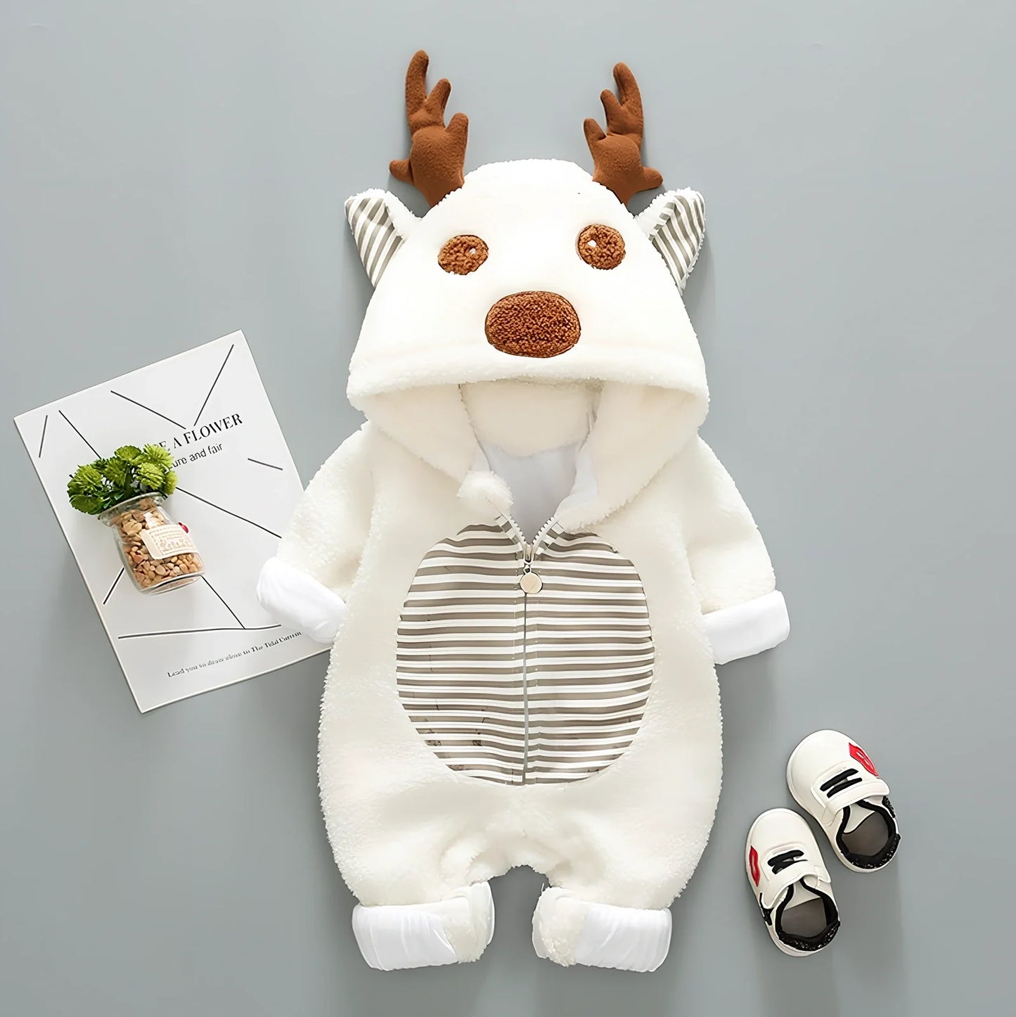 Baby wearing cotton romper with lace-up straps in khaki colour, size 80cm