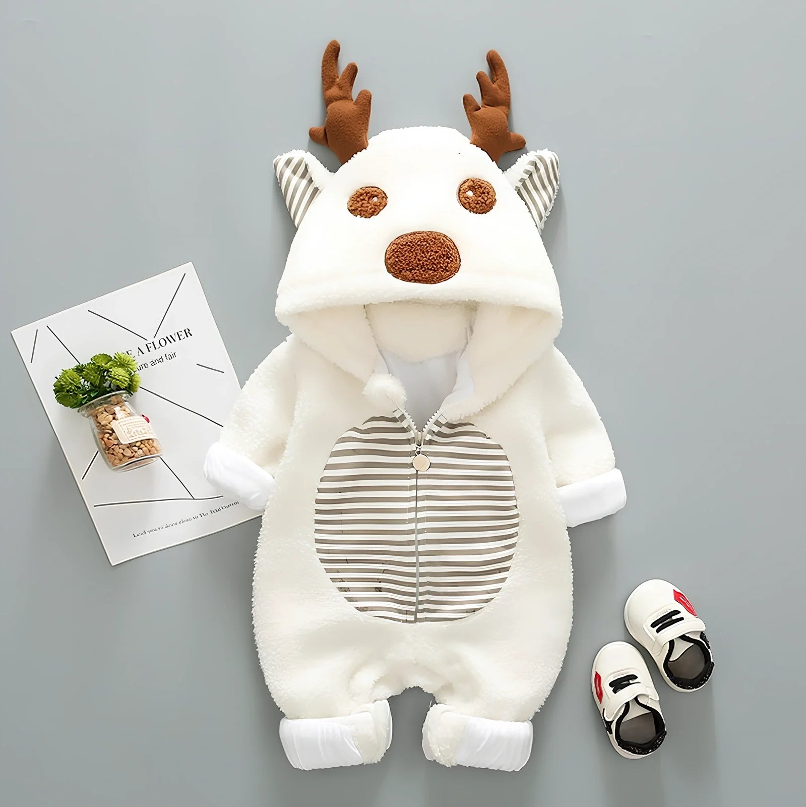 Baby wearing cotton romper with lace-up straps in khaki colour, size 80cm